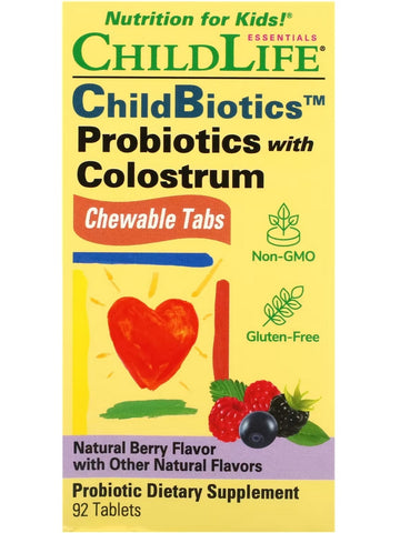 ChildLife Essentials, ChildBiotics Probiotics with Colostrum, Natural Berry Flavor with Other Natural Flavors, 92 Tablets