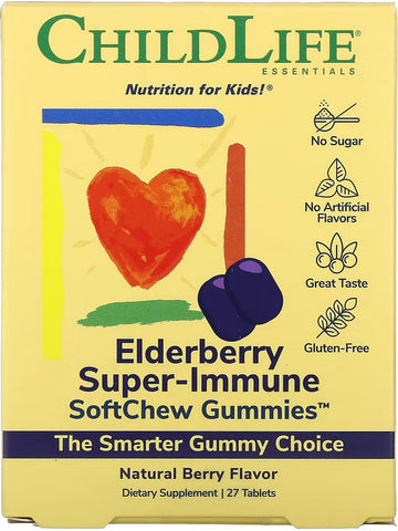 ChildLife Essentials, Elderberry Super-Immune SoftChew Gummies, Natural Berry, 27 Tablets