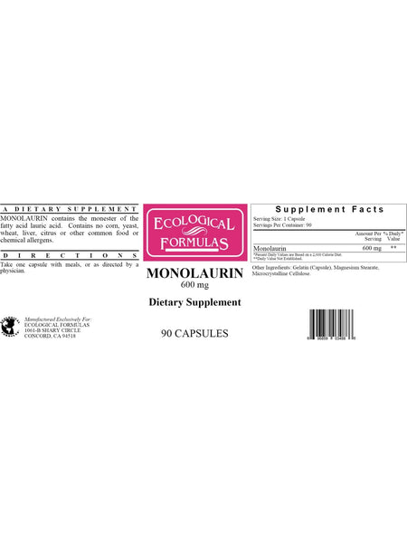 Ecological Formulas, Monolaurin, 600 mg, 90 Capsules