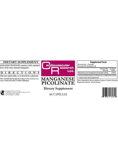 Cardiovascular Research Ltd., Manganese Picolinate, 60 Capsules