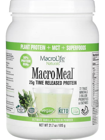 MacroLife Naturals, Macro Meal 25g Time Released Protein, Vegan Vanilla, 21.7 oz