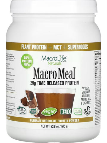 MacroLife Naturals, Macro Meal 25g Time Released Protein, Vegan Chocolate, 23.8 oz
