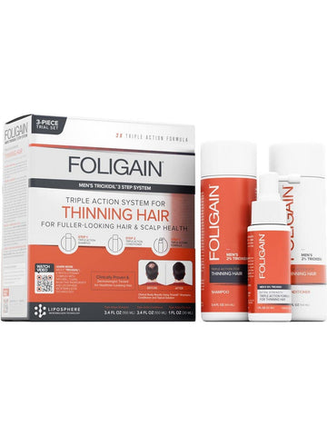 FOLIGAIN, Men's Triple Action Complete System For Thinning Hair Trial Set with 2% Trioxidil, 3 pc