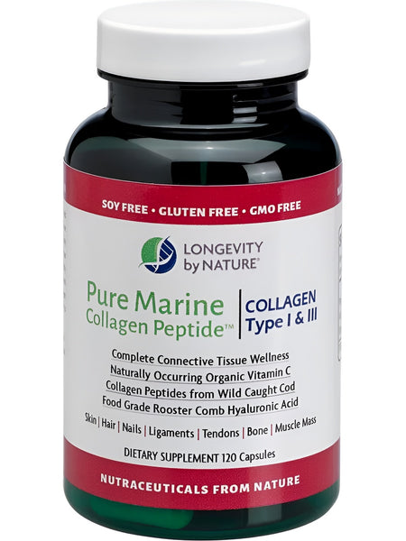 Longevity by Nature, Pure Marine Collagen Peptide, Collagen Type I & III, 120 Capsules