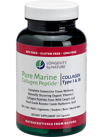Longevity by Nature, Pure Marine Collagen Peptide, Collagen Type I & III, 120 Capsules