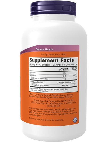 NOW Foods, Sunflower Lecithin 1200 mg, 200 softgels