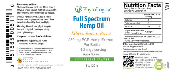PhytoLogica, Full Spectrum Hemp Tincture, 250 mg, Peppermint Flavor, 1 oz