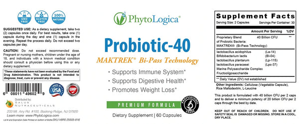 PhytoLogica, Probiotic-40, MAKTREK Bi-Pass Technology, 60 Capsules