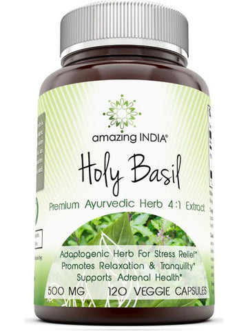 Amazing India, Holy Basil Premium Ayurvedic Herb 4:1 Extract, 500 mg, 120 Veggie Capsules