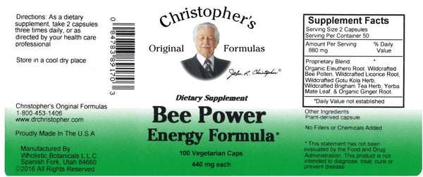 Christopher's Original Formulas, Bee Power Energy Formula, 100 Vegetarian Caps
