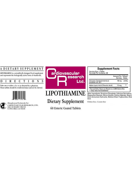 Cardiovascular Research Ltd., Lipothiamine, 60 Enteric Coated Tablets