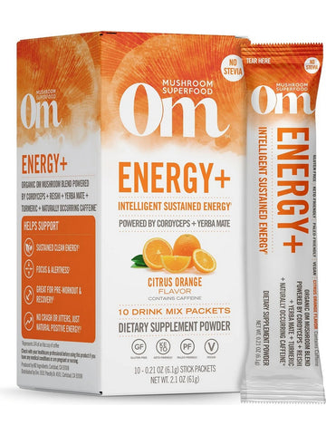 Om Mushroom Superfood, Energy + Intelligent Sustained Energy, Citrus Orange Flavor, 10 Stick Packets