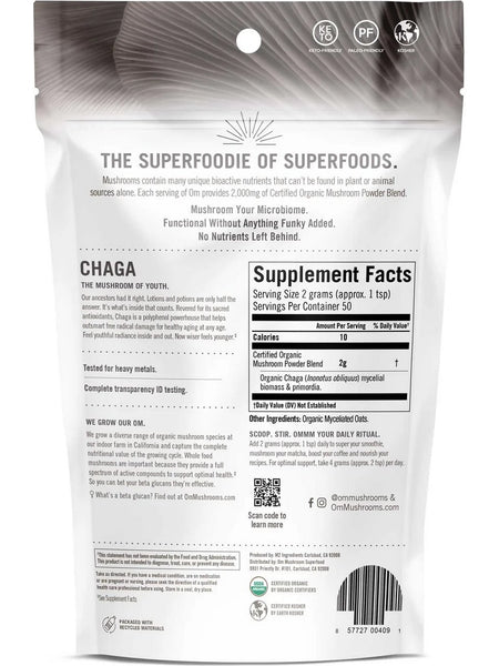 Om Mushroom Superfood, Chaga Certified Organic Mushroom Powder, 3.5 oz