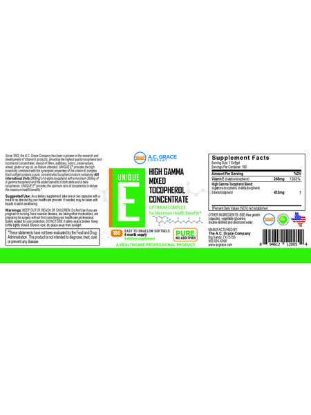 A.C. Grace Company, UNIQUE E Mixed Tocopherols Concentrate, 180 Softgels