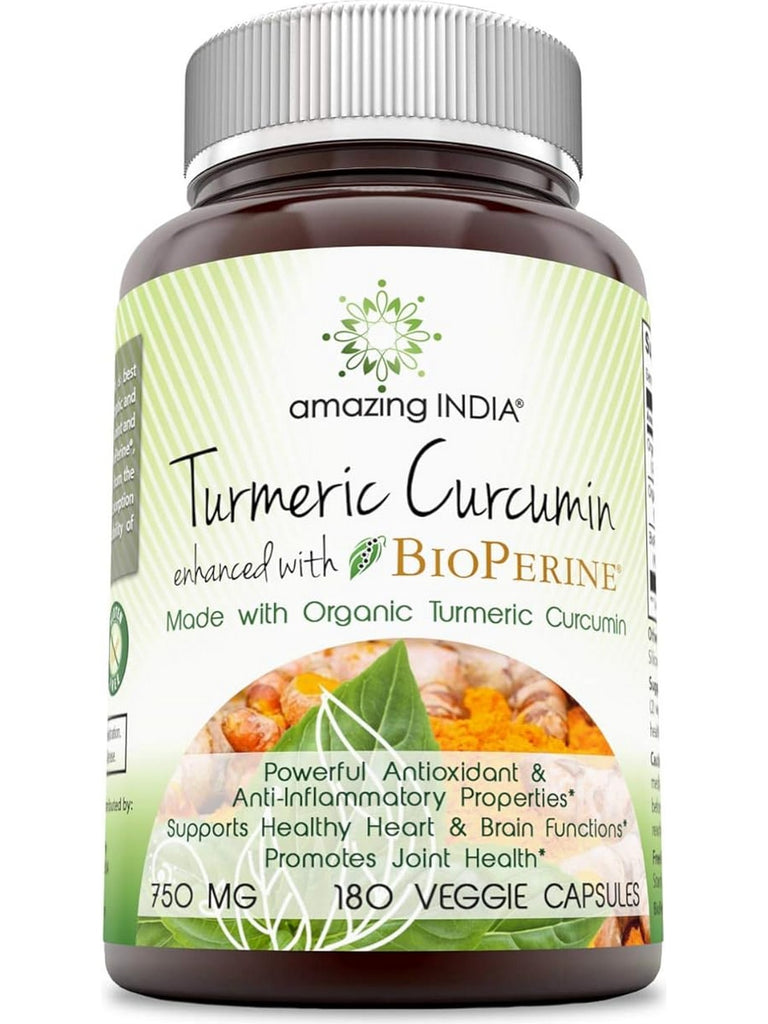 Amazing India, Turmeric Curcumin with Bioperine, 750 mg, 180 Veggie Capsules