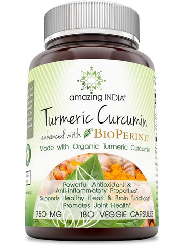 Amazing India, Turmeric Curcumin with Bioperine, 750 mg, 180 Veggie Capsules