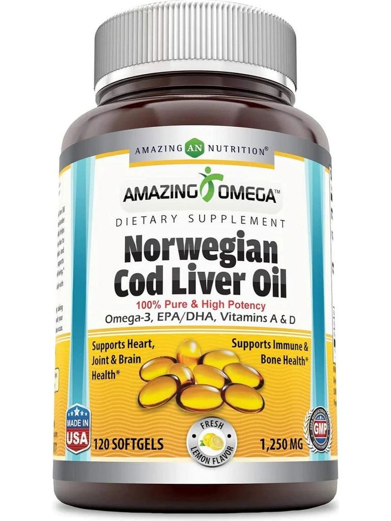 Amazing Omega, Norwegian Cod Liver Oil, 1250 mg, Fresh Lemon Flavor, 120 Softgels