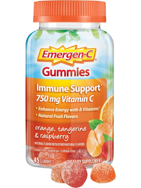Emergen-C, Gummies, Immune Support, Vitamin C, 750 mg, Orange, Tangerine and Raspberry, 45 Gummies