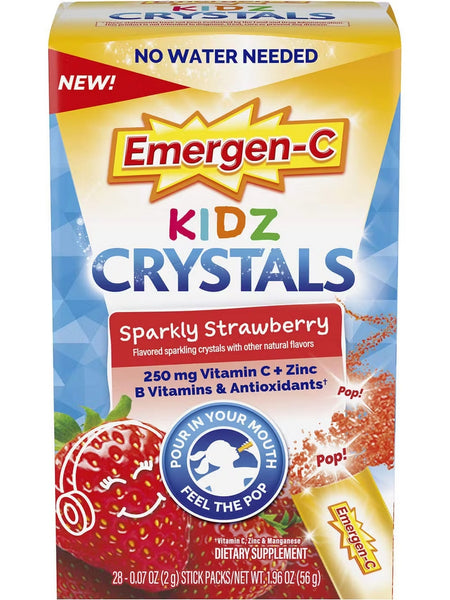 Emergen-C, Kidz Crystals, Vitamin C + Zinc, B Vitamins and Antioxidants, 250 mg, Sparkly Strawberry, 28 Stick Packs