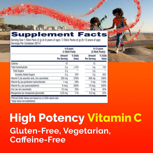 Emergen-C, Kidz Crystals, Vitamin C + Zinc, B Vitamins and Antioxidants, 250 mg, Sparkly Strawberry, 28 Stick Packs