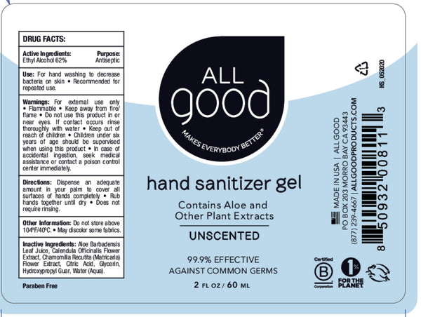 All Good, Unscented Hand Sanitizer Gel, 2 oz