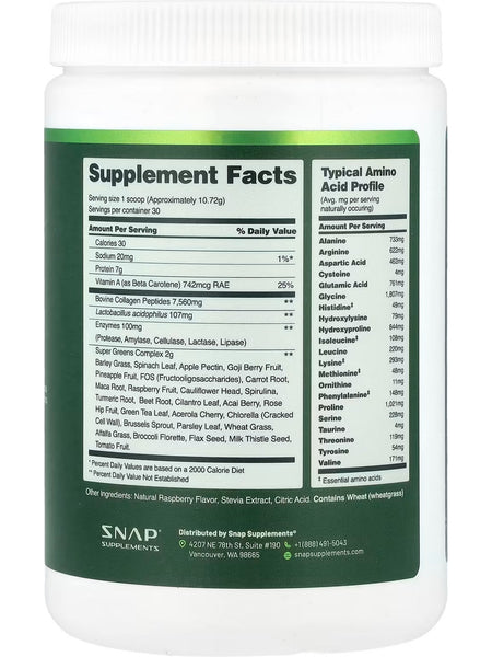 Snap Supplements, Collagen and Greens, Raspberry, 11.34 oz