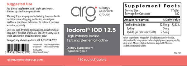 Allergy Research Group, Iodoral 12.5 High Potency Iodine, 180 Scored Tablets