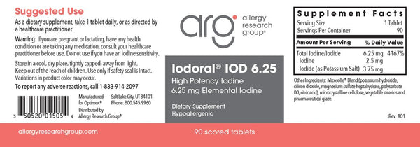 Allergy Research Group, Iodoral 6.25 High Potency Iodine, 90 Scored Tablets