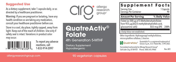 Allergy Research Group, QuatreActiv Folate 4th Generation 5-MTHF, 90 Vegetarian Capsules