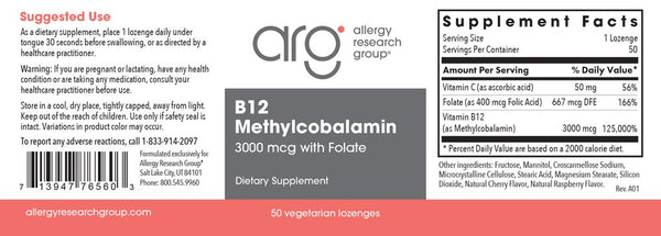 Allergy Research Group, B12 Methylcobalamin 3000 mcg with Folic Acid, 50 Vegetarian Lozenges