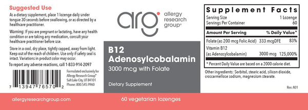 Allergy Research Group, B12 Adenosylcobalamin 3000 mcg with Folate, 60 Vegetarian Lozenges