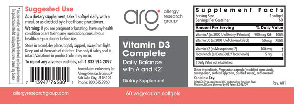 Allergy Research Group, Vitamin D3 Complete Daily Balance with A and K2, 60 Vegetarian Softgels
