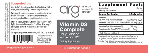 Allergy Research Group, Vitamin D3 Complete Daily Balance with A and K2, 120 Vegetarian Softgels