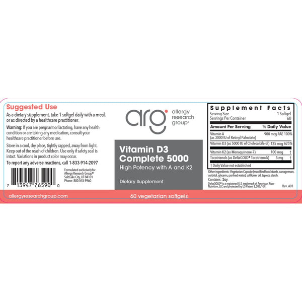 Allergy Research Group, Vitamin D3 Complete 5000 High Potency with A and K2, 60 Vegetarian Softgels