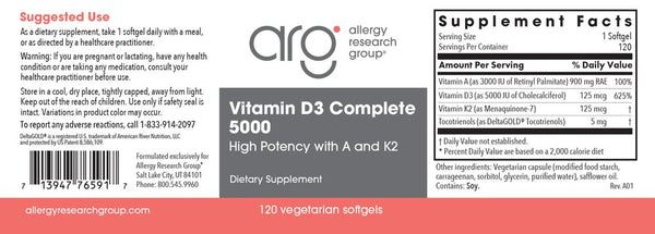 Allergy Research Group, Vitamin D3 Complete 5000 High Potency with A and K2, 120 Vegetarian Softgels