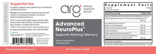 Allergy Research Group, Advanced NeuroPlus, 90 Vegetarian Tablets
