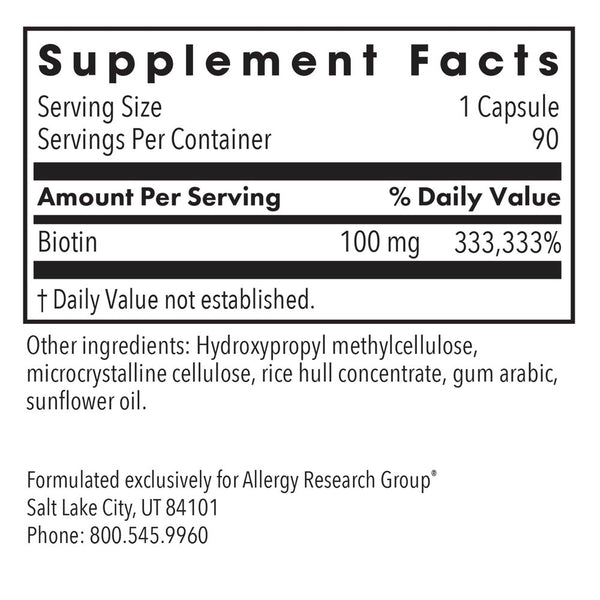 Allergy Research Group, HiBiotin 100 mg, 90 Vegetarian Capsules