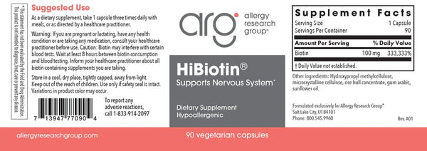 Allergy Research Group, HiBiotin 100 mg, 90 Vegetarian Capsules