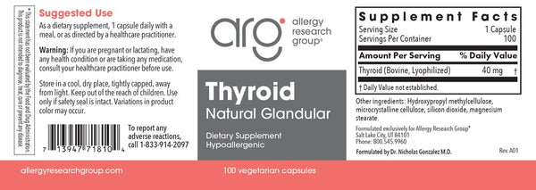 Allergy Research Group, Thyroid Natural Glandular, 100 Vegetarian Capsules