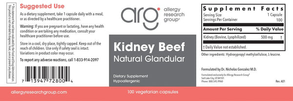Allergy Research Group, Kidney Beef Natural Glandular, 100 Vegetarian Capsules