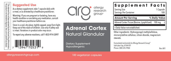 Allergy Research Group, Adrenal Cortex, Natural Glandular, 100 Vegetarian Capsules