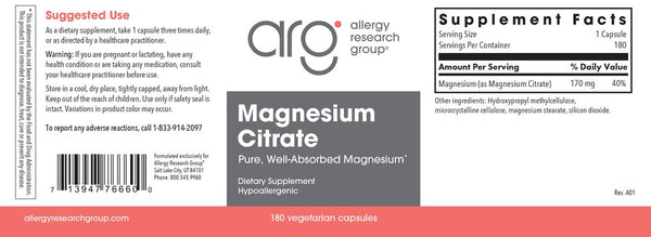 Allergy Research Group, Magnesium Citrate, 180 Vegetarian Capsules
