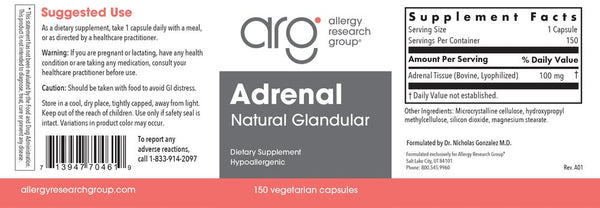 Allergy Research Group, Adrenal Natural Glandular, 150 Vegetarian Capsules