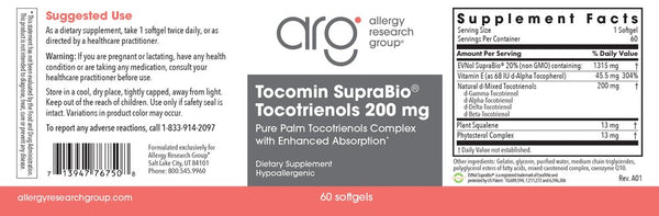Allergy Research Group, Tocomin SupraBio Tocotrienols 200 mg, 60 Softgels