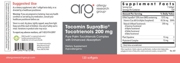 Allergy Research Group, Tocomin SupraBio Tocotrienols 200 mg, 120 Softgels
