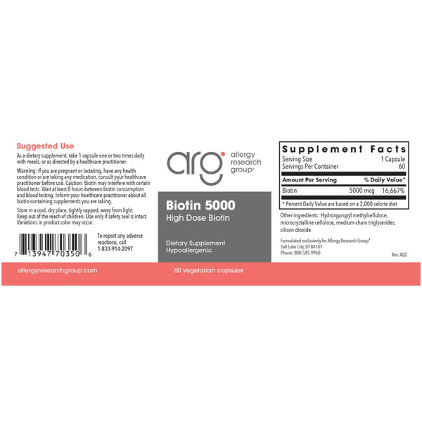 Allergy Research Group, Biotin 5000, 60 Vegetarian Capsules