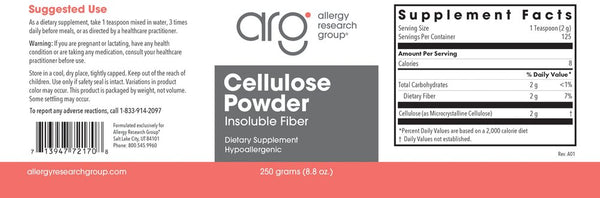 Allergy Research Group, Cellulose Powder Insoluble Fiber, 250 grams (8.8 oz)
