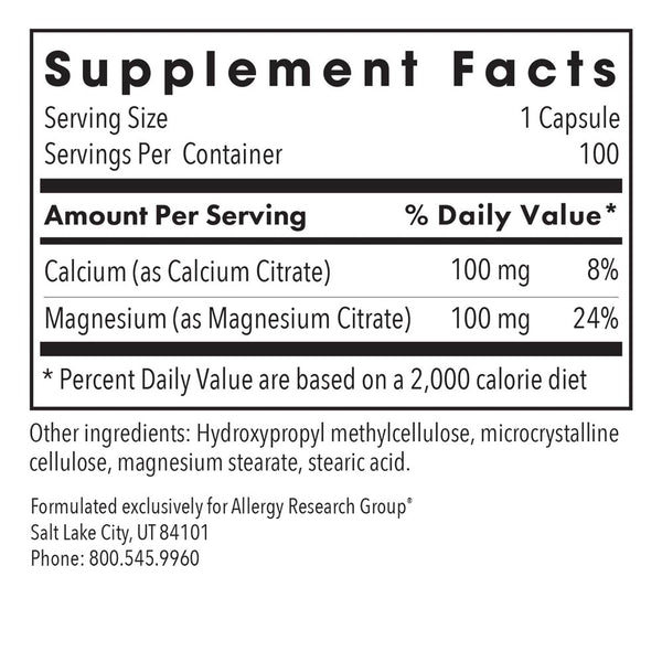 Allergy Research Group, Calcium Magnesium Pure, Well-Absorbed Calcium-Magnesium, 100 Vegetarian Capsules