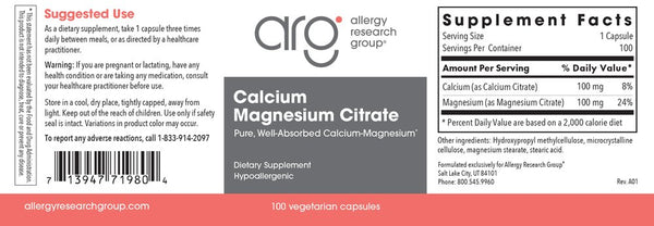 Allergy Research Group, Calcium Magnesium Pure, Well-Absorbed Calcium-Magnesium, 100 Vegetarian Capsules
