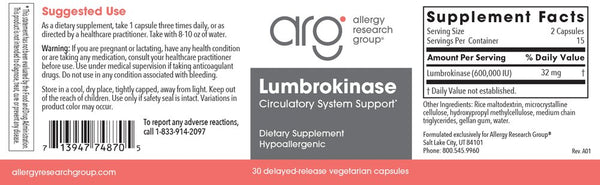 Allergy Research Group, Lumbrokinase, 30 Delayed-Release Vegetarian Capsules